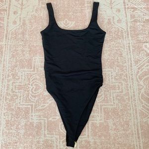 Black One Piece Square Neck Thong Swimsuit